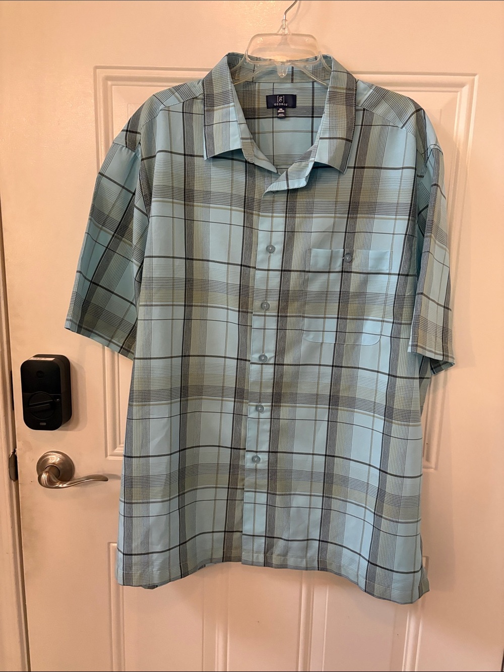 George Light Blue and Gray Short-Sleeve Plaid Button-Down Shirt